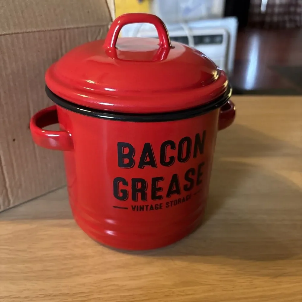 Red Bacon Grease Pot With Lid 6x6” Vintage Storage Container never used
